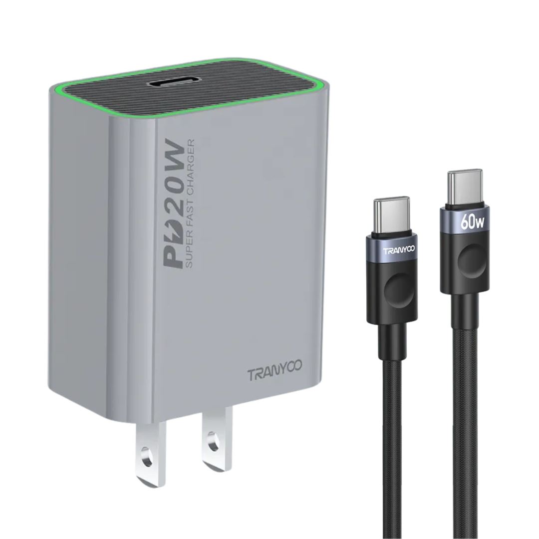 Cargador Rápido 20W USB-C con Cable Trenzado 60W para iPhone y Android